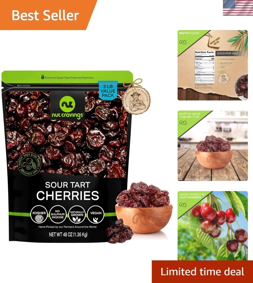 48oz Resealable Dried Cherries – Lightly Sweetened, , Kosher Snack