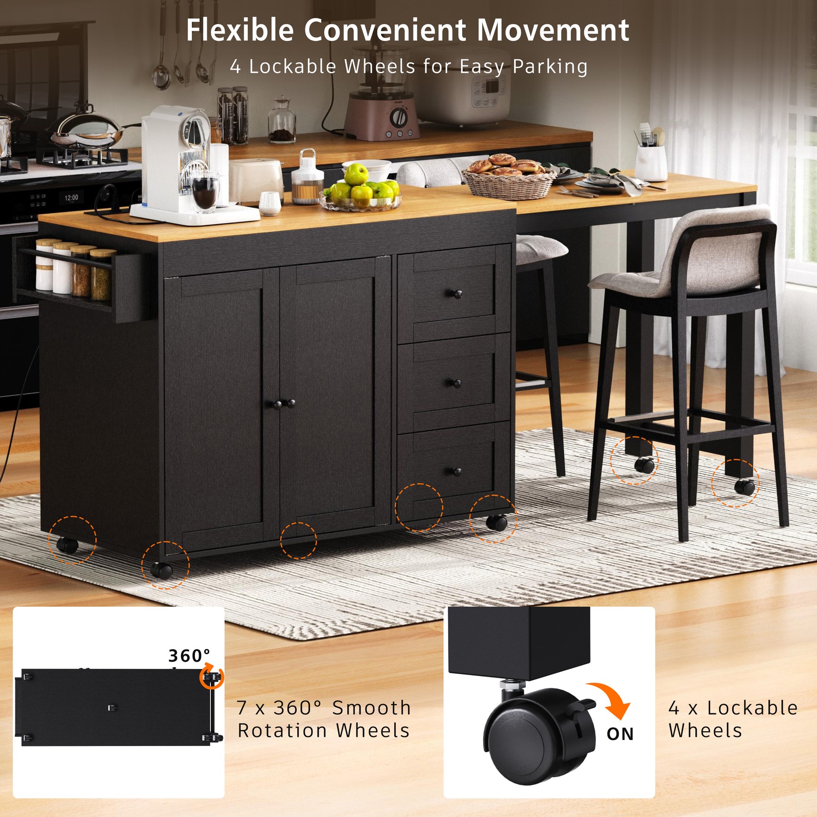 74.8 Inch Kitchen Island with Extendable Dining Table Rolling Storage Cart Power