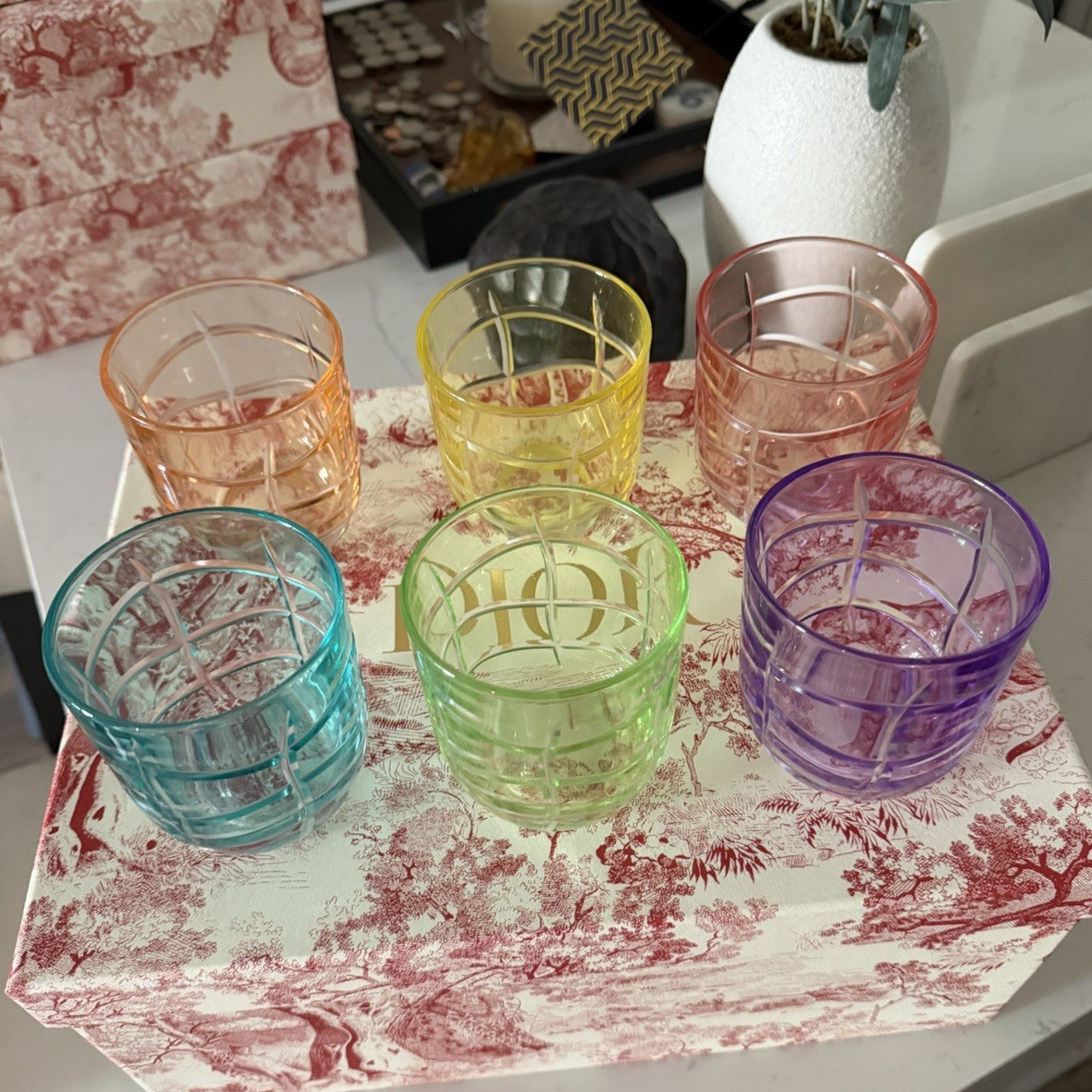 Dior Maison Set of 6 Multicolor Glasses with Original Box 3.5in