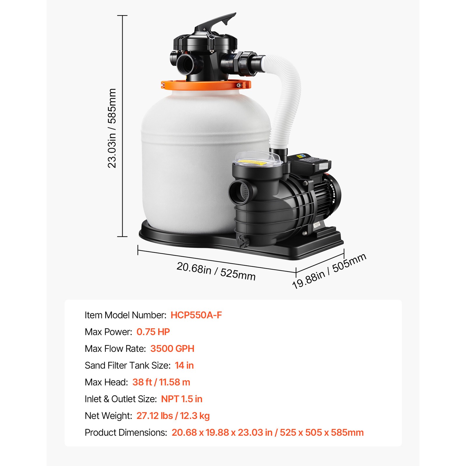 Uimoso 14″ Sand Filter Pump with Timer, 0.75HP, 3500 GPH for Above Ground Pools