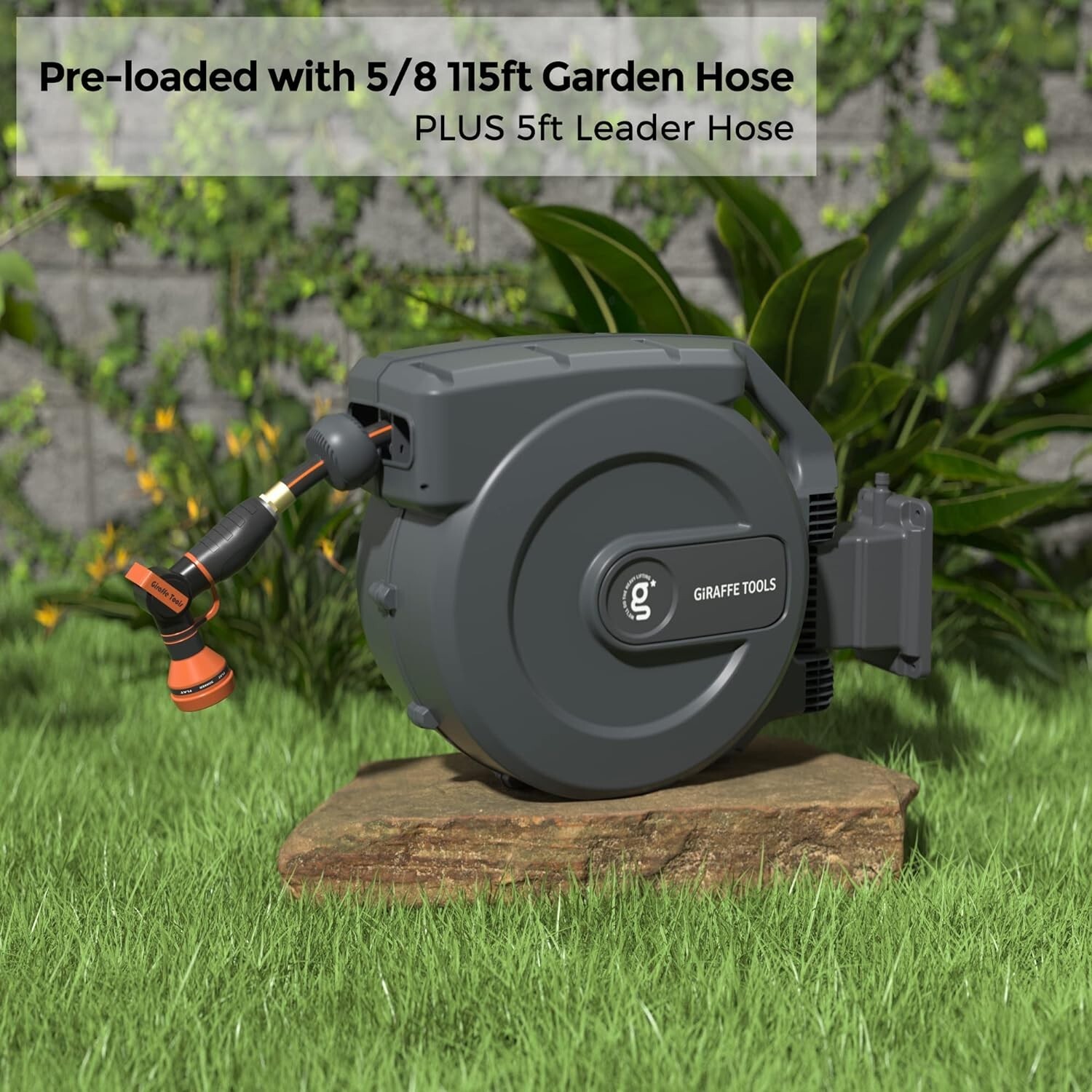 Giraffe Tools Retractable Garden Hose Reel Wall Mount 5/8-IN 115-FT with Nozzle