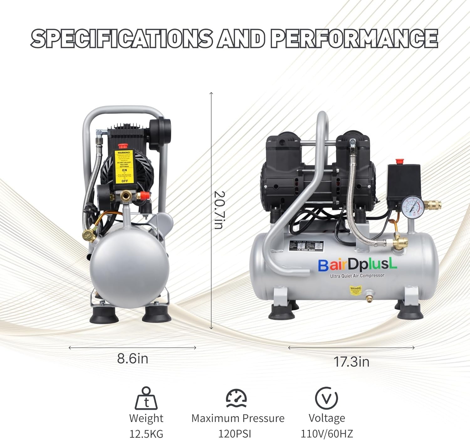 3.2 Gallon Ultra Quiet Air Compressor 110V/60Hz 1.5HP 8.8CFM, Oil-Free 70dB