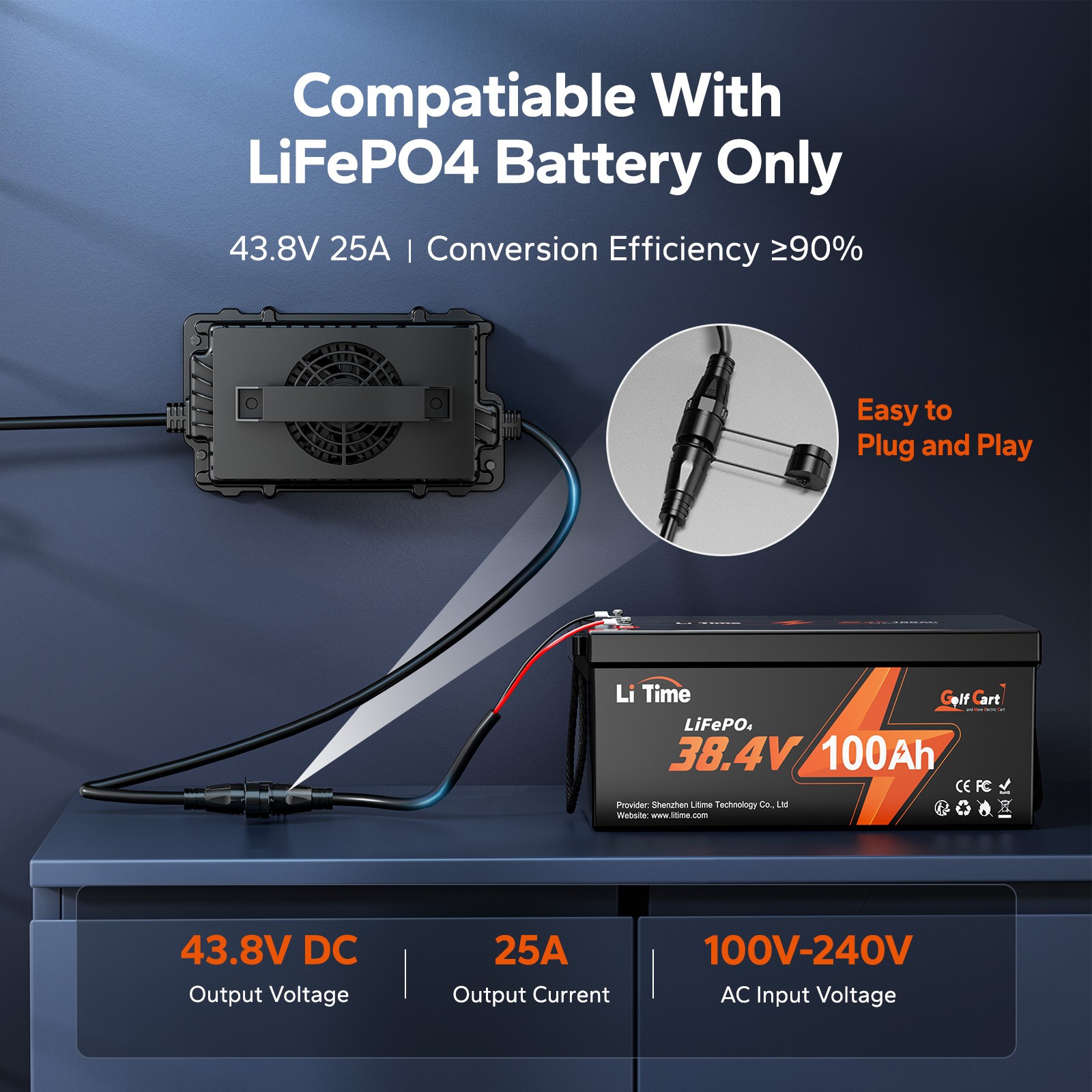 LiTime 43.8V 25A Waterproof AC-DC Charger for 36V(38.4V) Lithium LiFePO4 Battery