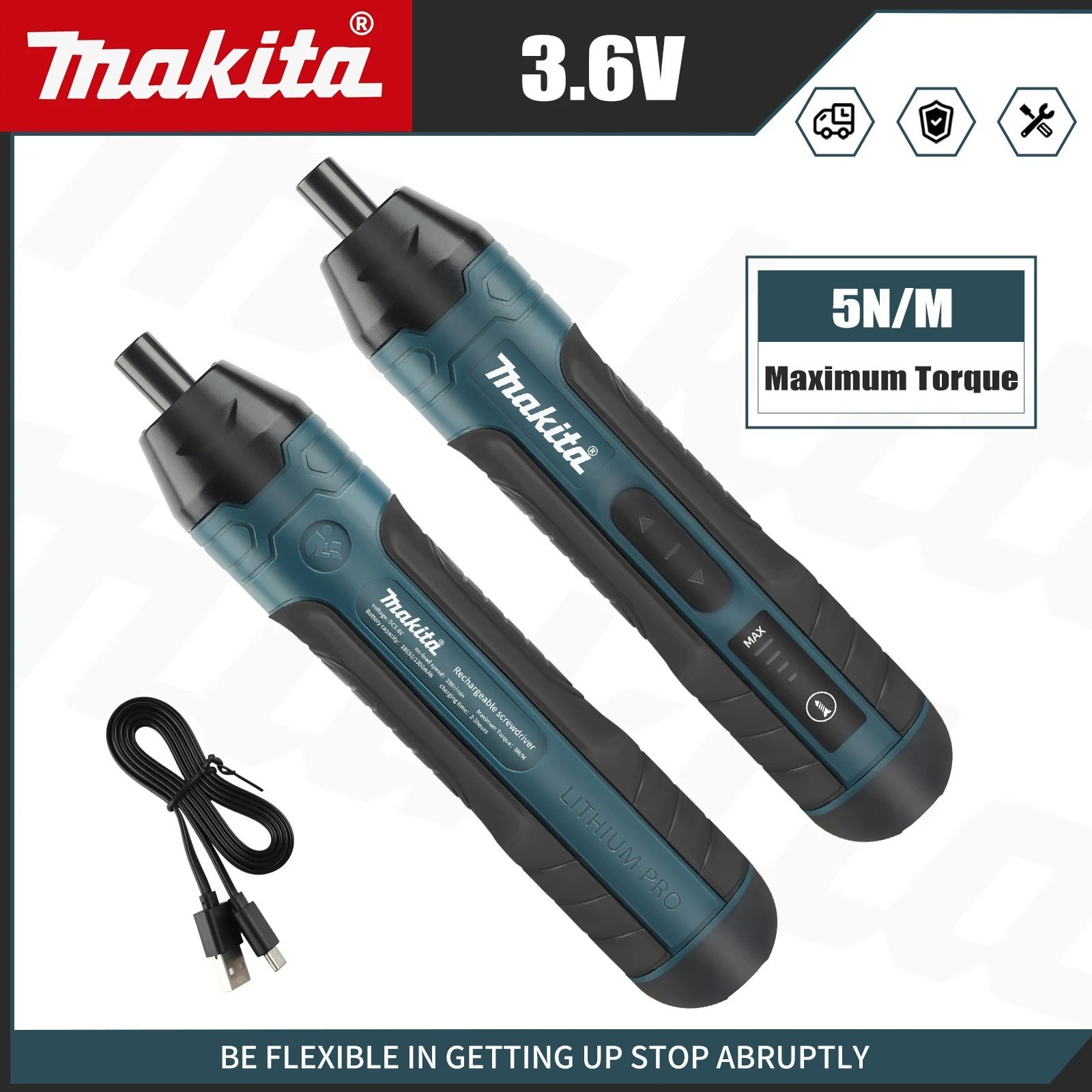 Makita 3.6V Cordless Screwdriver 5Nm Torque 1/4″ Chuck 1300mAh Li ion