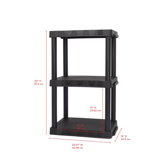 Hyper Tough 3 Shelf Plastic Shelving Unit 12″ (D) x 20.07″ (W) x 32″ (H), Black
