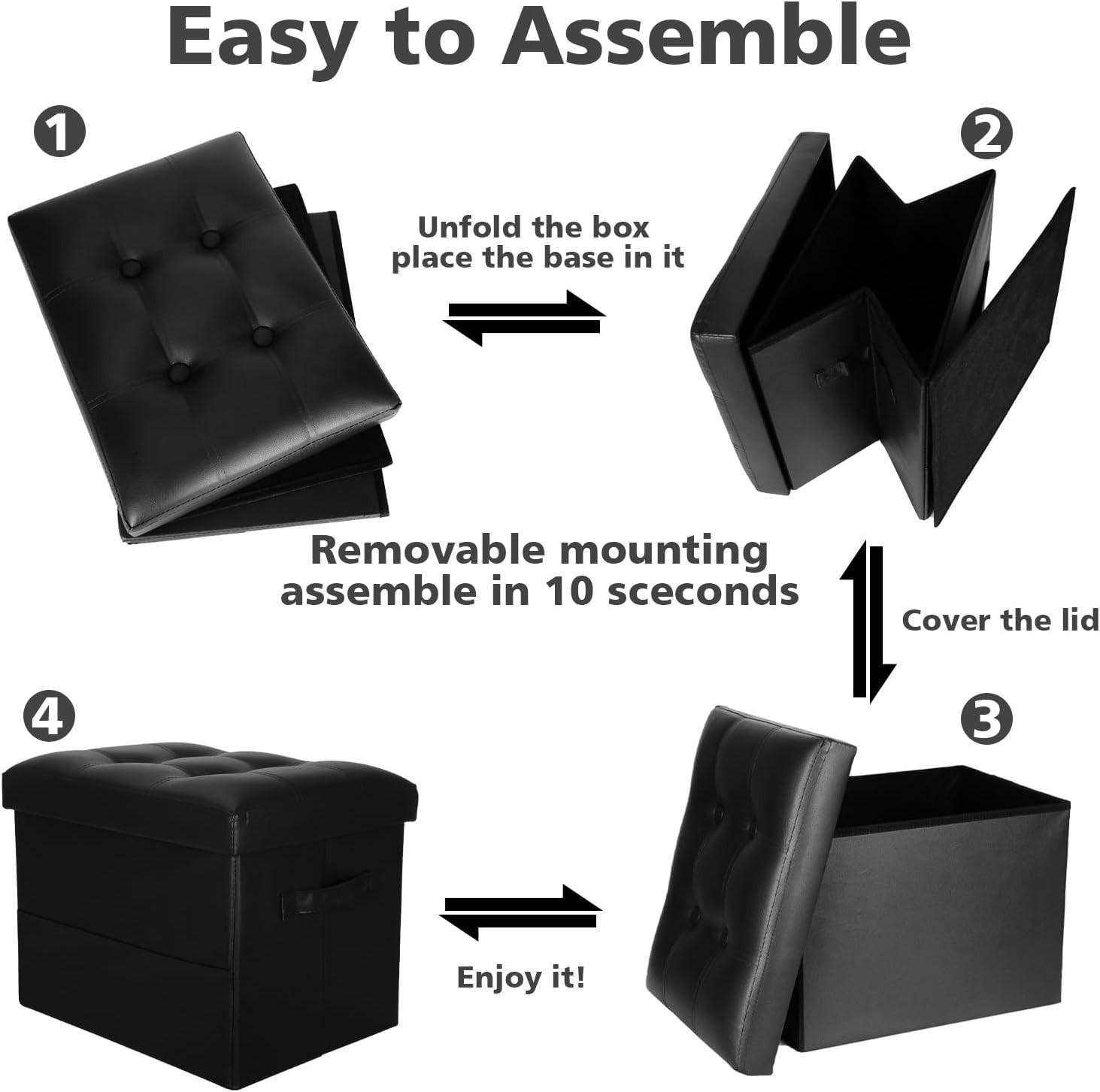 Multipurpose Storage Ottoman – Black Faux Leather, Comfortable & Easy to Clean