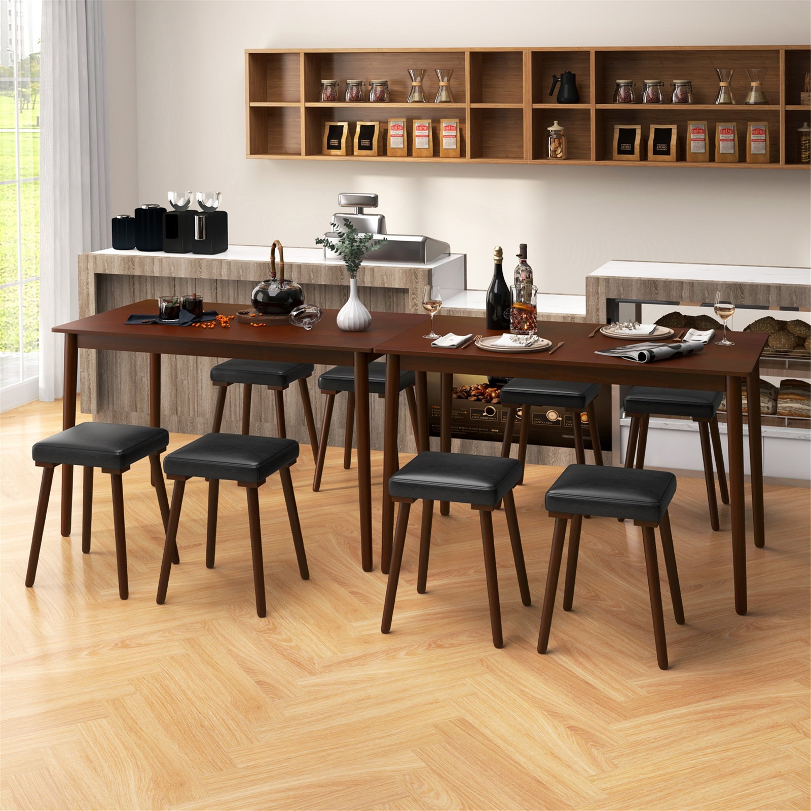 5PCS Dining Table Set for 4 w/ 4 Upholstered Stools Rubber Wood Legs for Kitchen