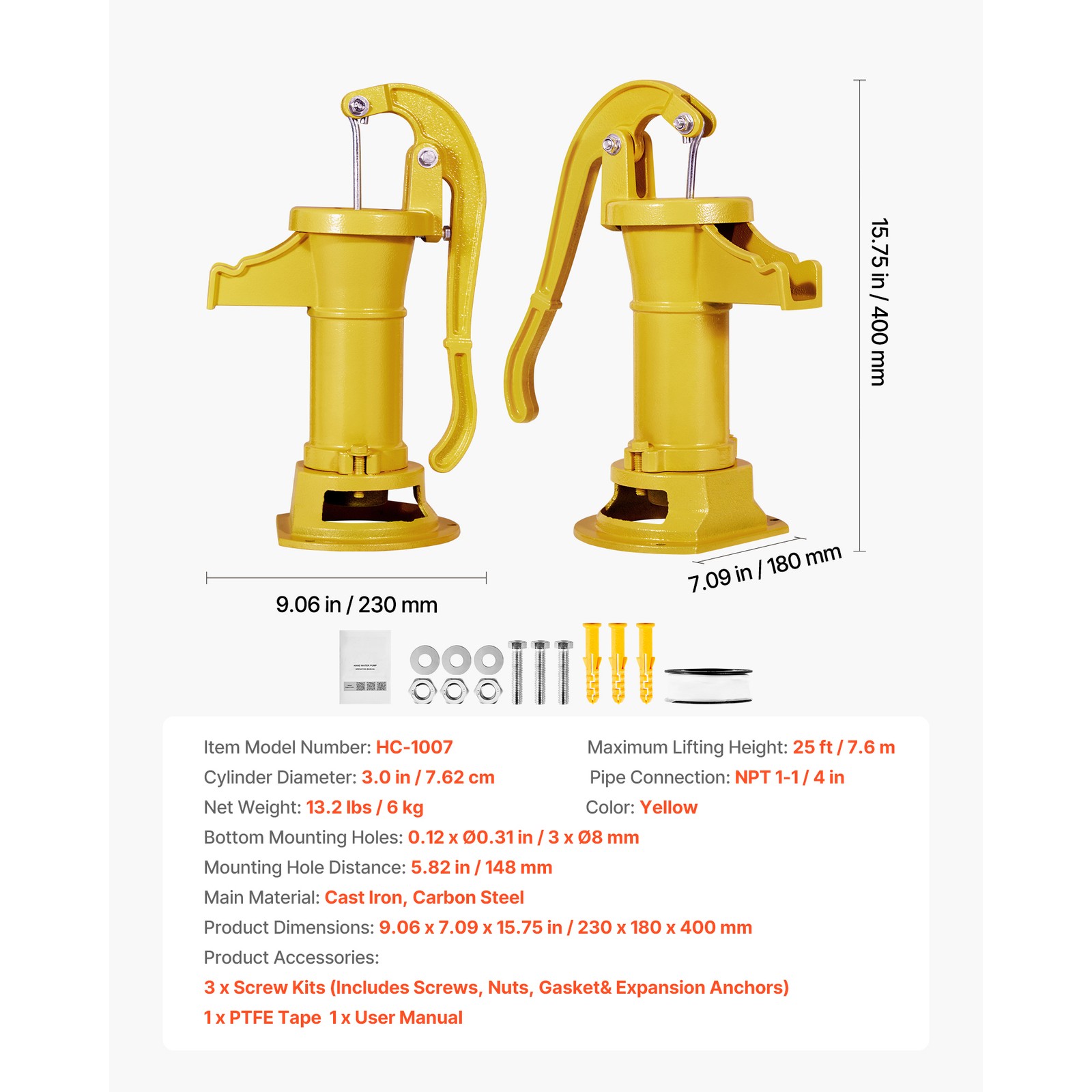 Uimoso Antique Cast Iron Manual Water Pump 25ft Hand Pitcher Pump, Yellow Finish