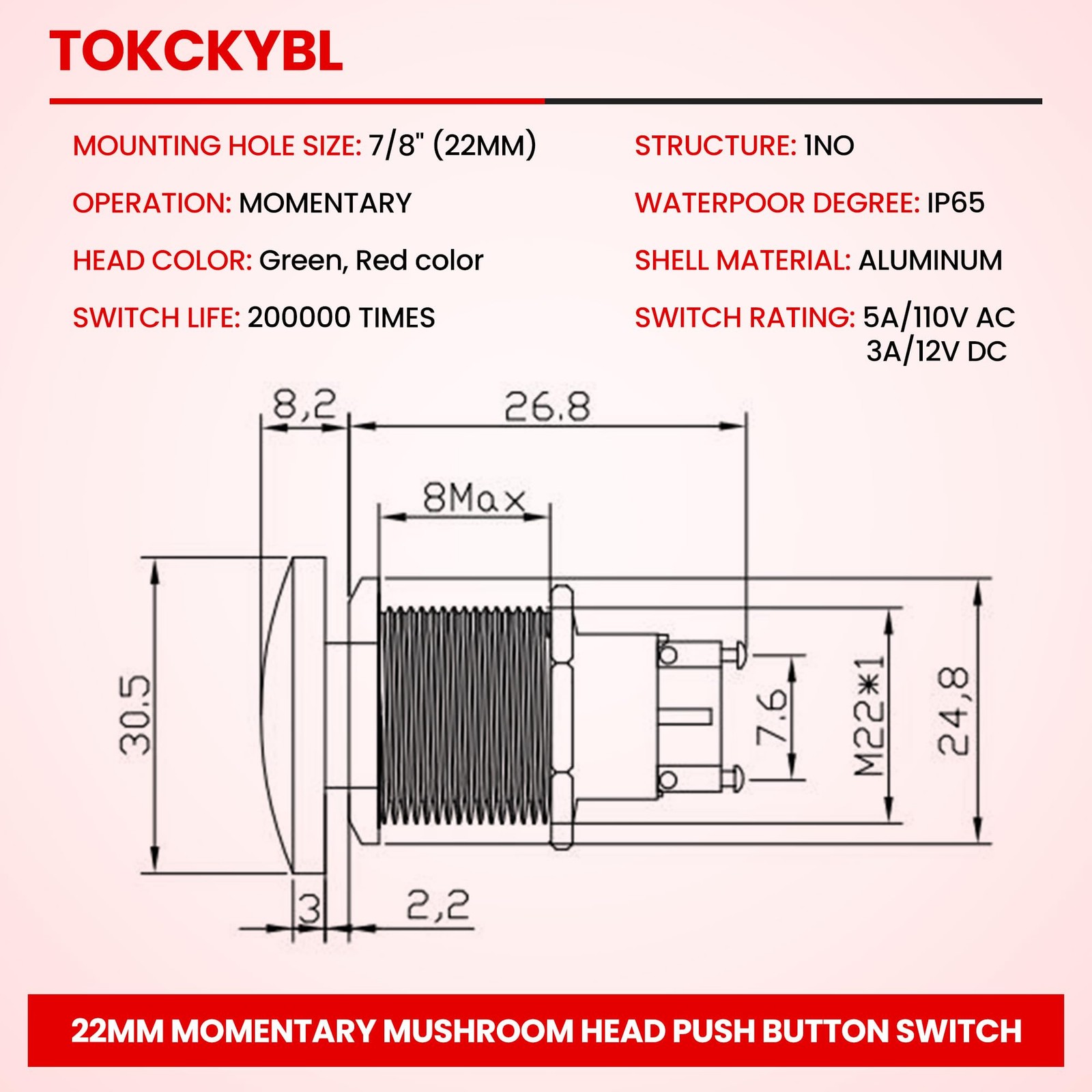 22mm Mushroom Head Momentary Push Button Switch, IP65 Waterproof 5A 12V/24V/3…
