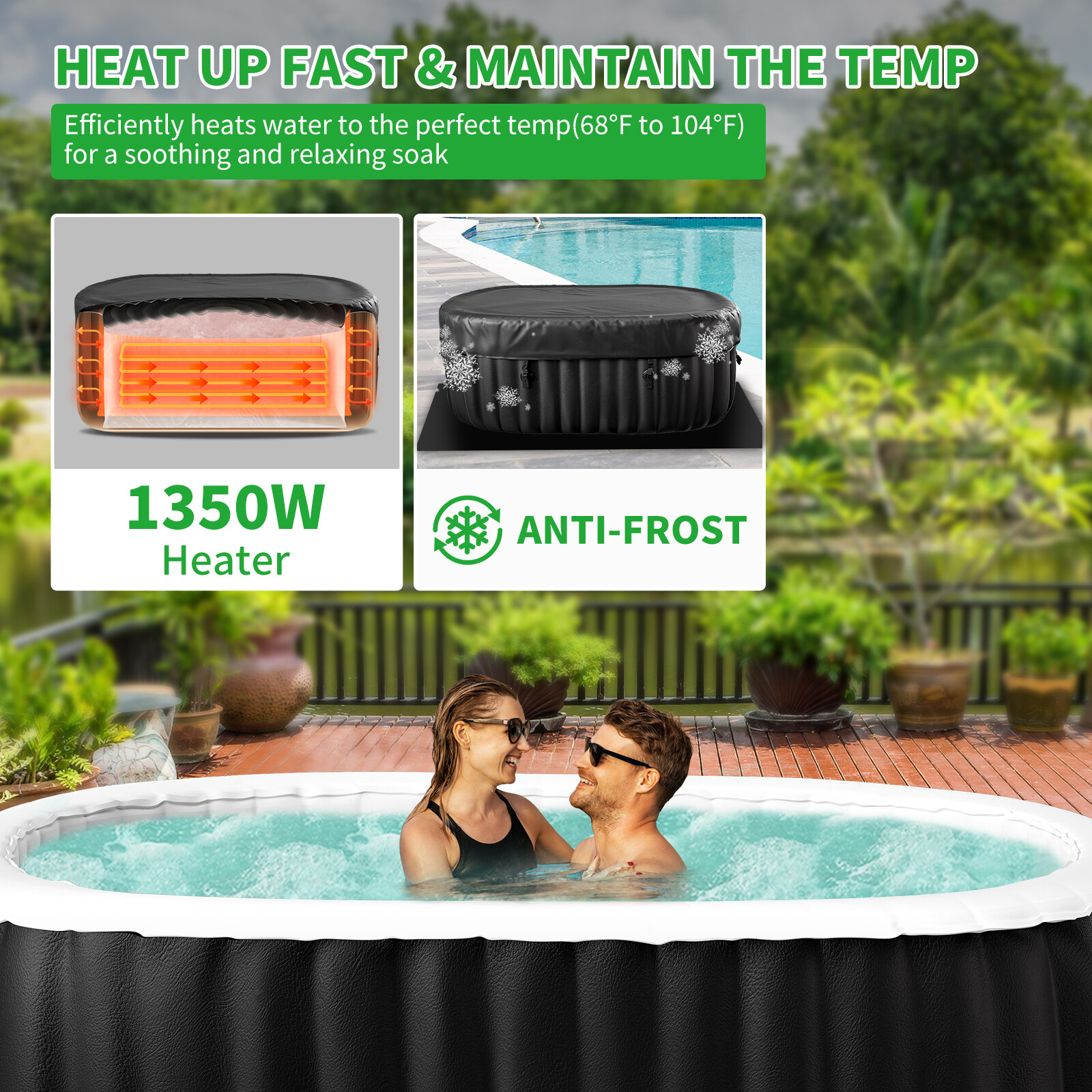 H&ZT 2 Person Inflatable Hot Tub w/Table Leak-Proof PVC Outdoor Spa 100 Air Jets