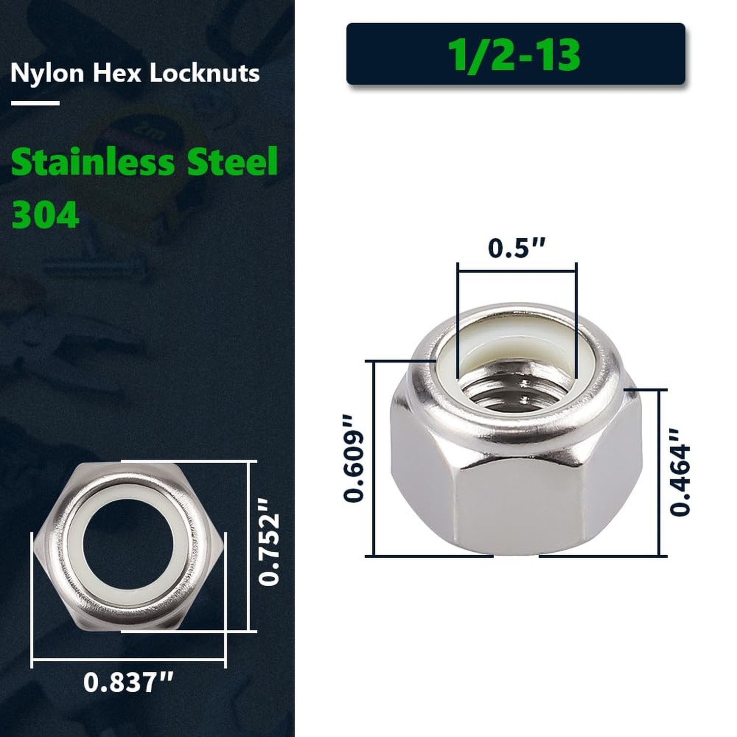 UNC 1/2″-13 inch Nylon Insert Hex Lock Nuts (10 Pack), 304 Stainless Steel (1…