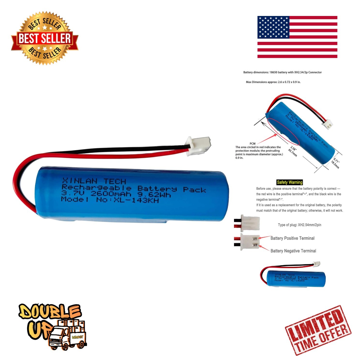 XINLANTECH 3.7V 2600Mah 18650 Rechargeable Li-Ion Battery with Jst XH2.54/2P Con