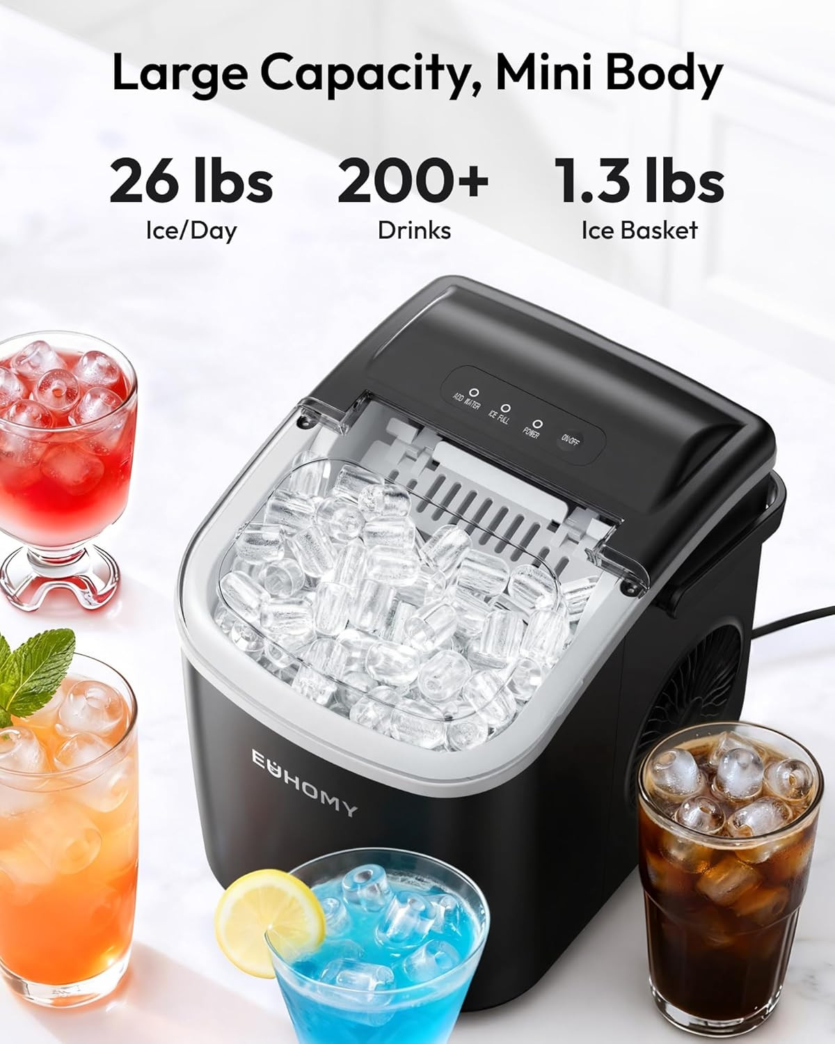 EUHOMY Countertop Ice Maker Machine with Handle, 26Lbs in 24Hrs, 9 Ice Cubes Rea