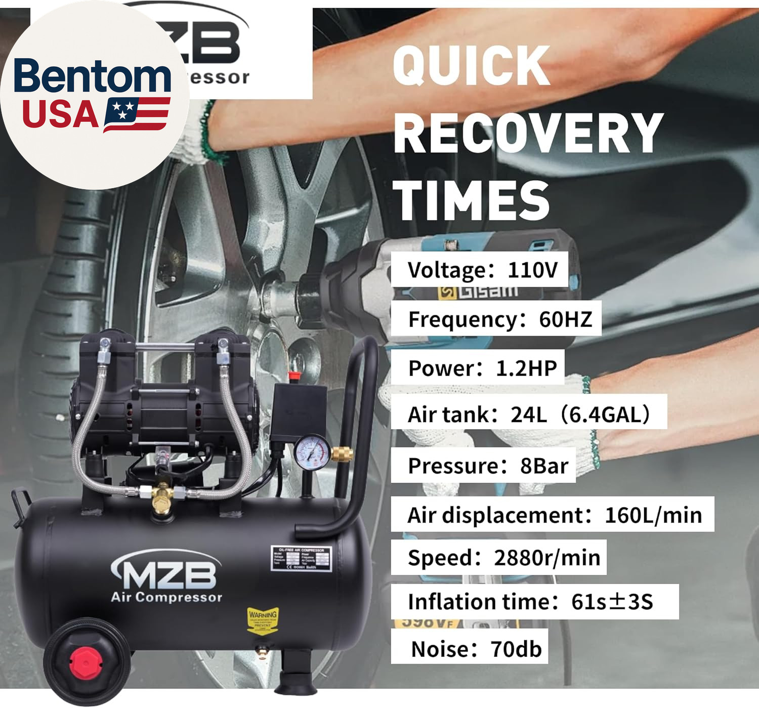 MZB 6.4 Gallon Ultra Quiet Air Compressor 110V/60Hz Steel Tanks Oil-Free 70Db No