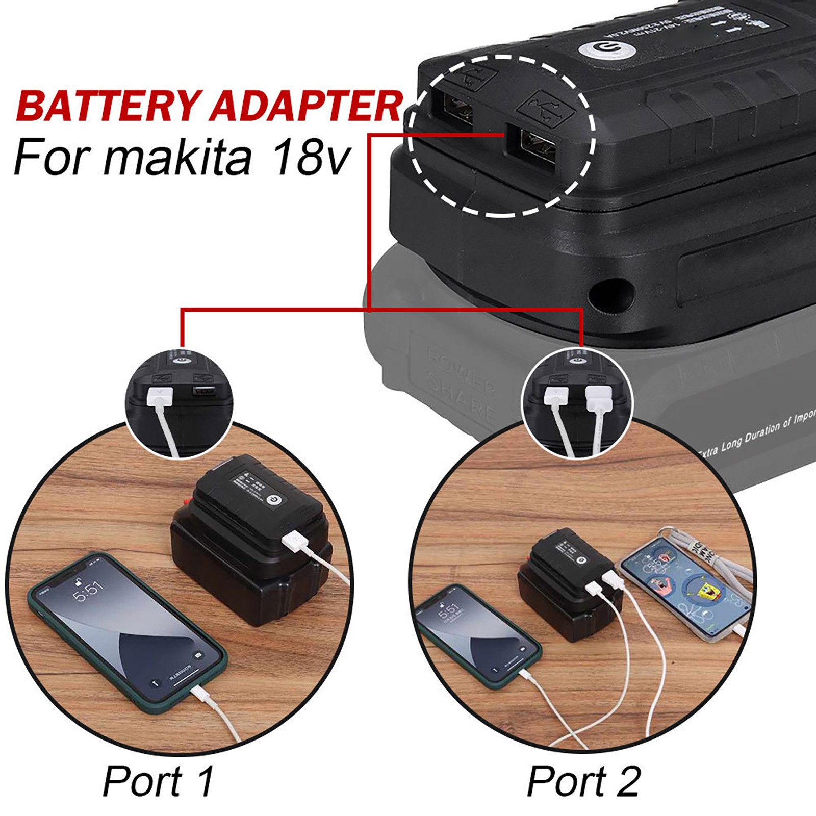 1*Charger Battery Adapter LED Work Light For Makita 18V Li-ion BL1830/1430 2USB