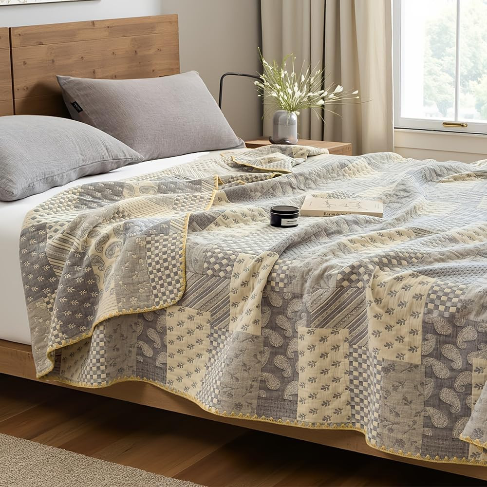 Reversible Cotton Muslin Blanket – Lightweight Grey Patchwork 80×90 In