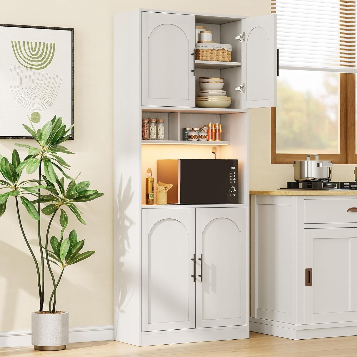71″ Tall Pantry Cabinet w/LED Lights ,Kitchen Storage Hutch with Microwave Stand