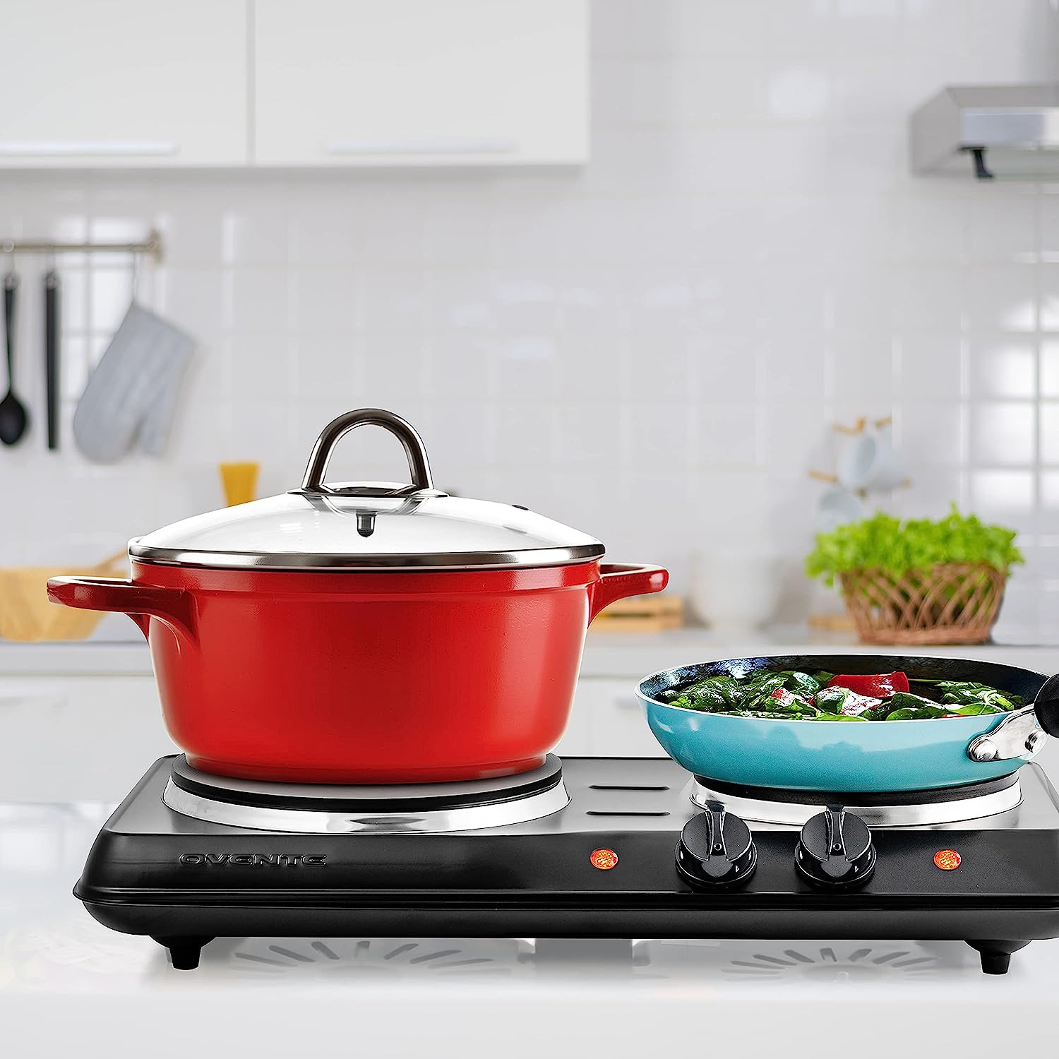 Electric Countertop Double Burner, 1700W Cooktop with 7.25″ and 6.10″ Cast Iron