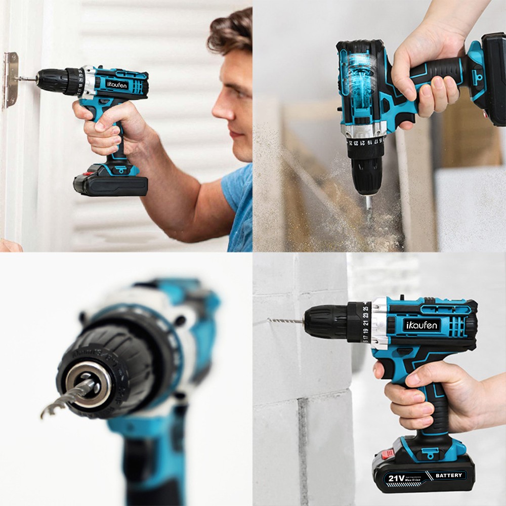 Blue Electric Drill Cordless Screwdriver Set Power Tool with 2 Battery&ChargerB2