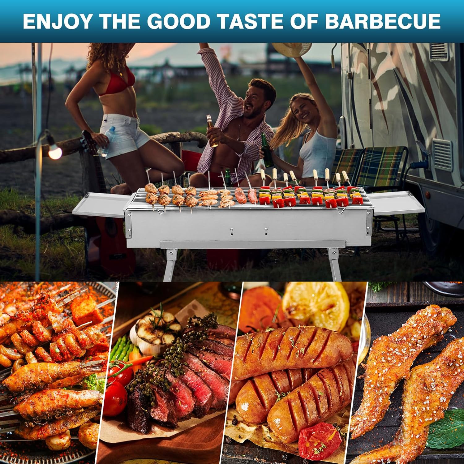 Portable Charcoal Grill Outdoor Cooking, 32”L X 10”W Folded Camping Barbecue Gri