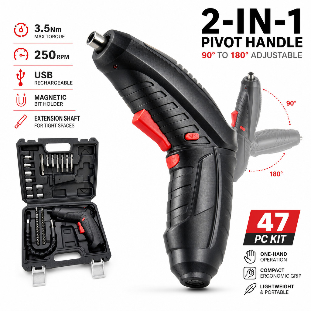 Cordless Electric Screwdriver 3.6V 1/4in 1300mAh Battery USB Rechargeable w/Bits