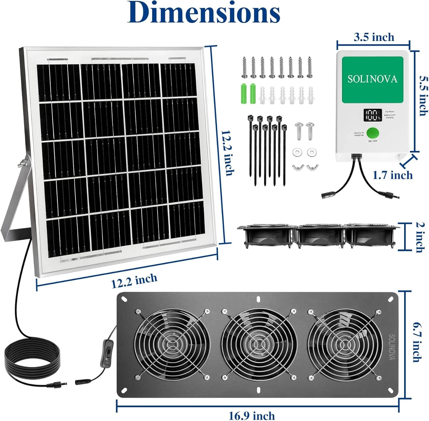 Solar Fan, 25W Solar Exhaust 3-Fan with 7500Mah Battery, Solar Powered Fan for I