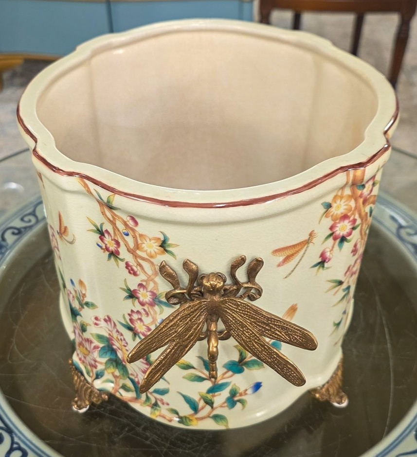 Porcelain Oval Planter with Ormolu Dragonfly Handles-Floral Vine-14” x 8”H