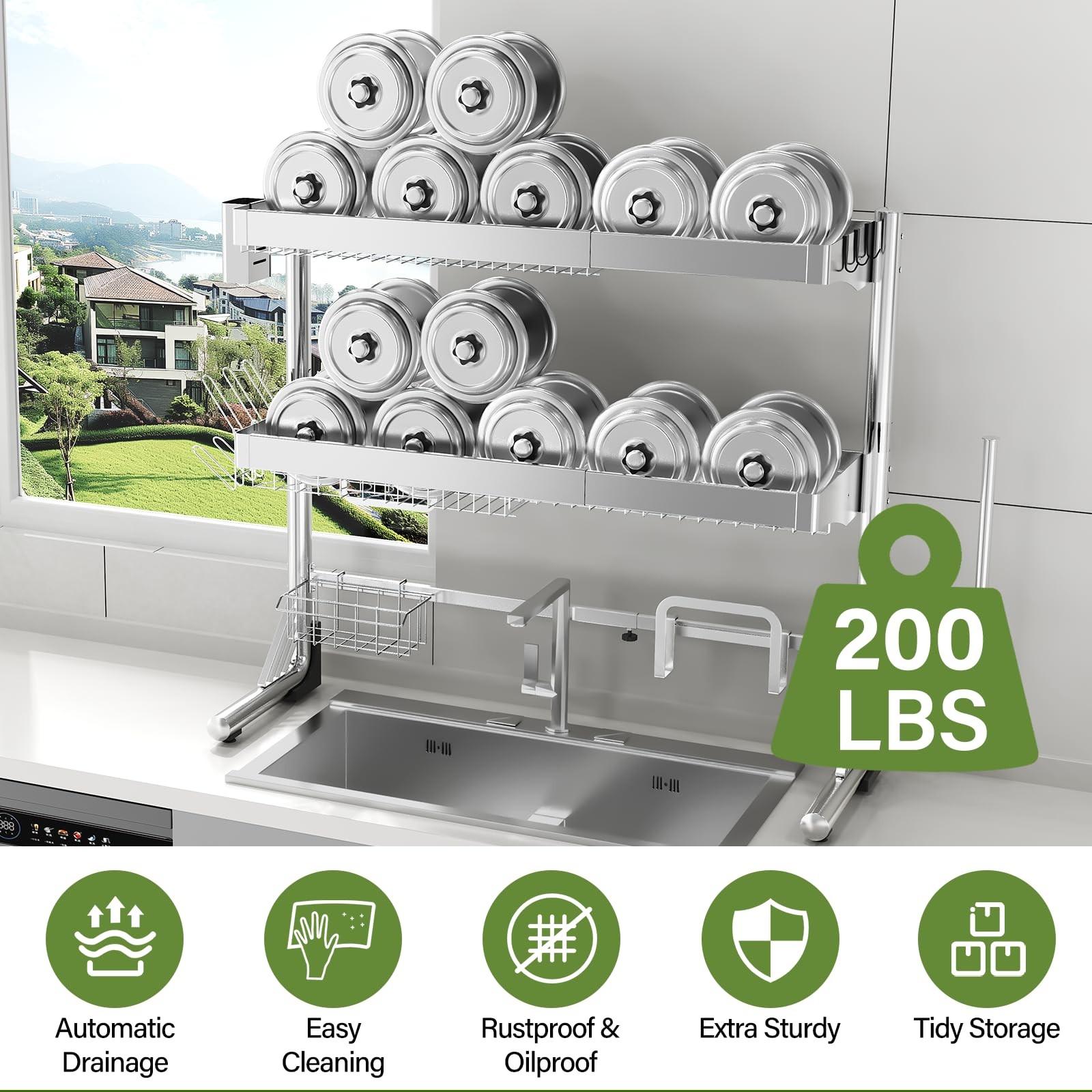 Over The Sink Dish Drainer Drying Rack 3 Tier, Full Stainless Steel Dish Dryi…