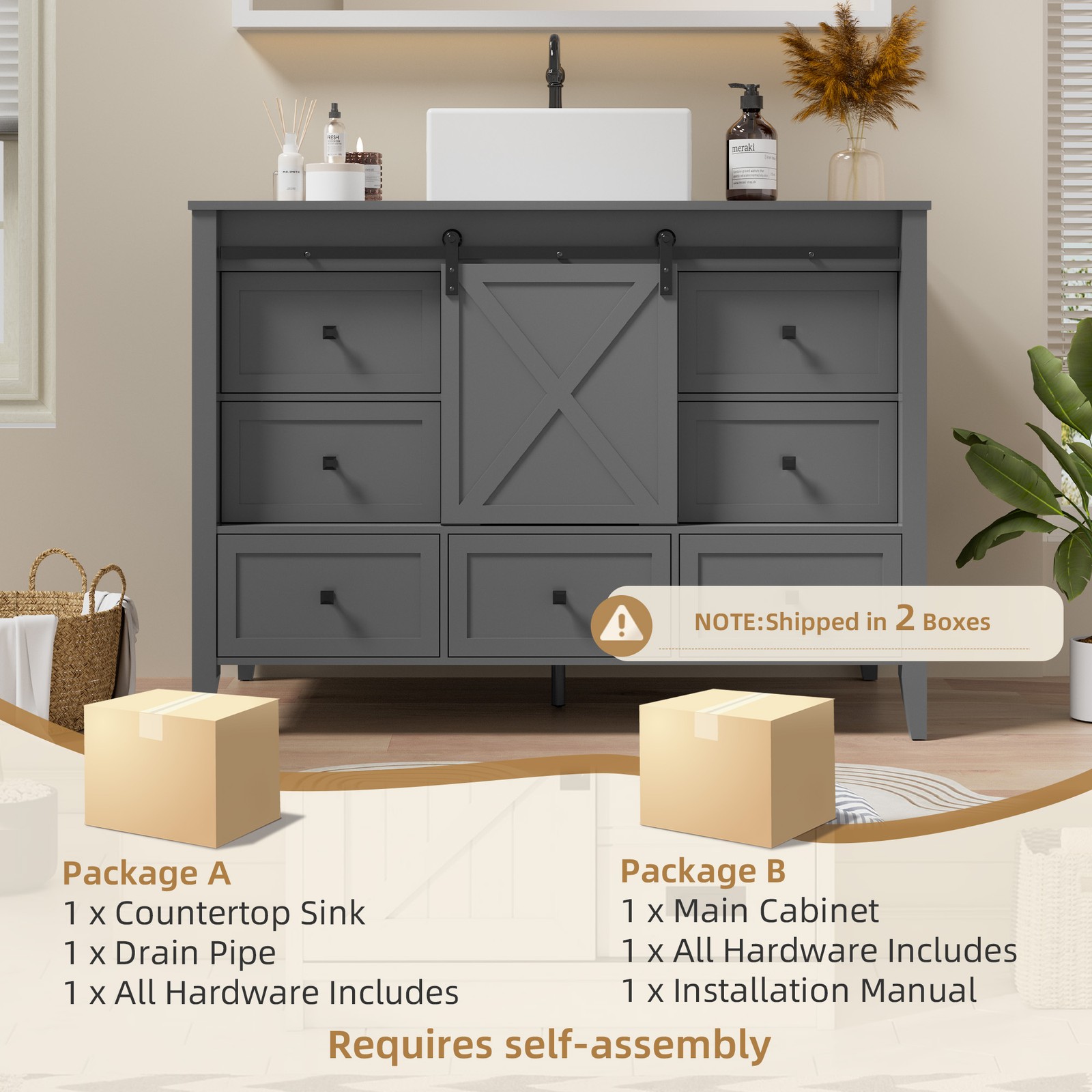 48″ Bathroom Vanity w/ Single Sink Ceramic Freestanding Storage Cabinet 7 Drawer