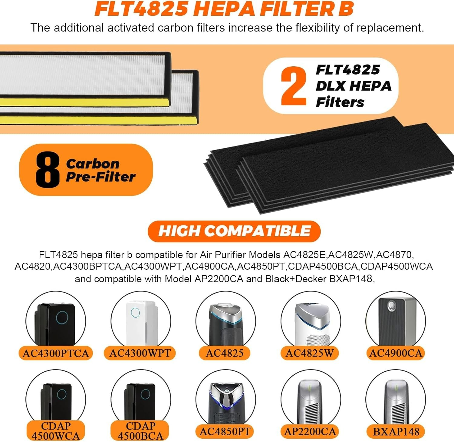 2+8 Pack FLT4825 HEPA Filter B Replacement Compatible with GermGuardian AC4825E