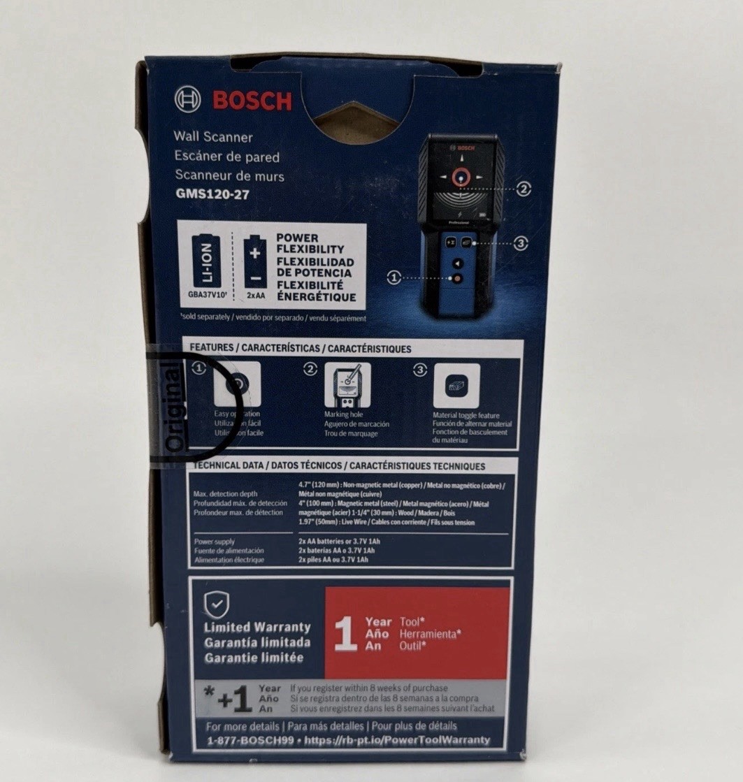 BOSCH GMS120-27 Wall Scanner and Stud Finder, Detects Wood, Metal, and Live Wire