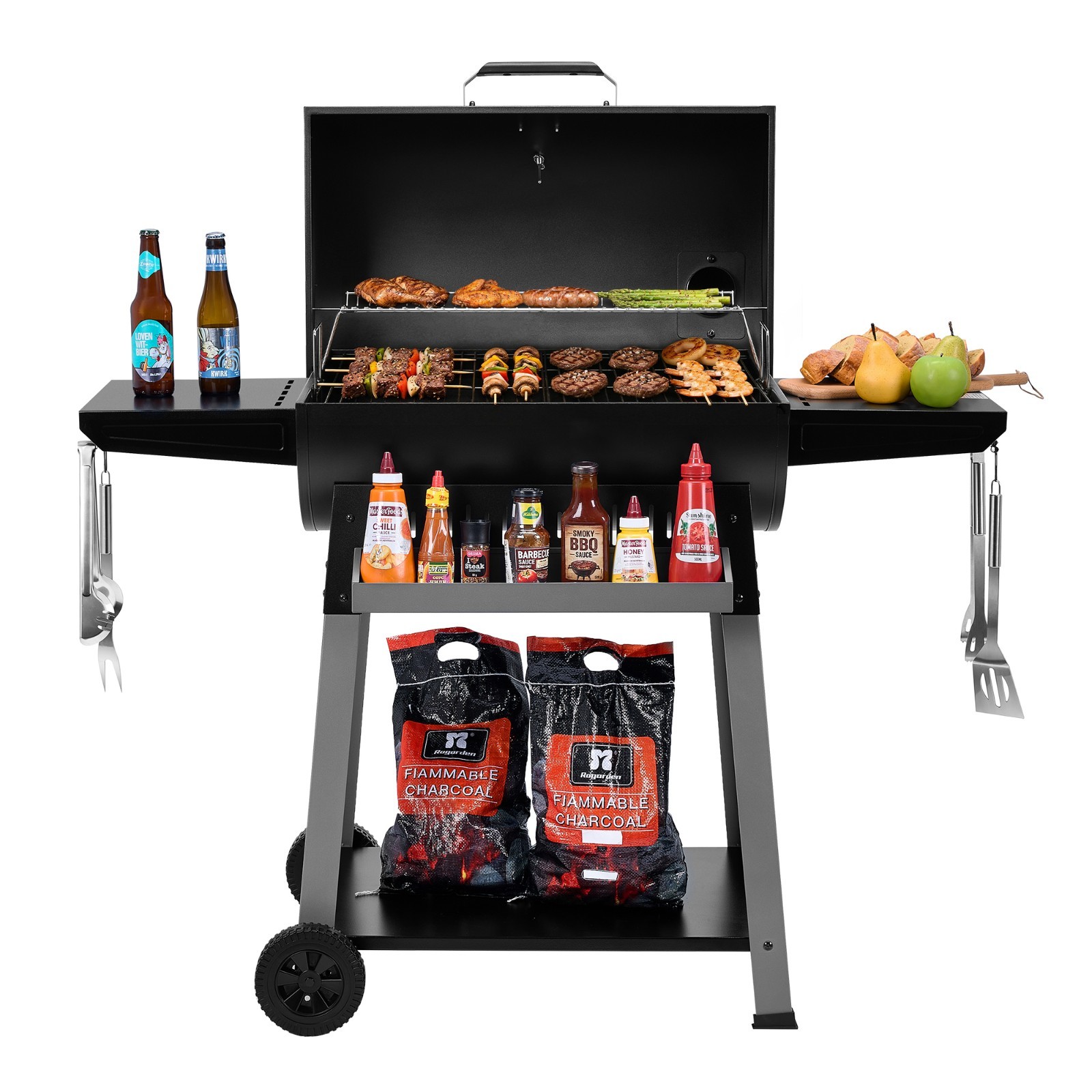 Royal Gourmet Outdoor Barrel Charcoal Grill with Side Shelves & Hanging Basket