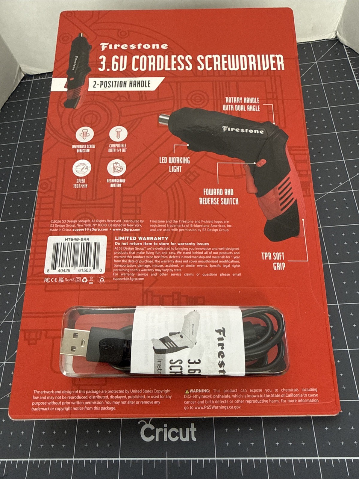 Firestone 3.6V Cordless Screwdriver, 2 Position Handle, USB Rechargeable