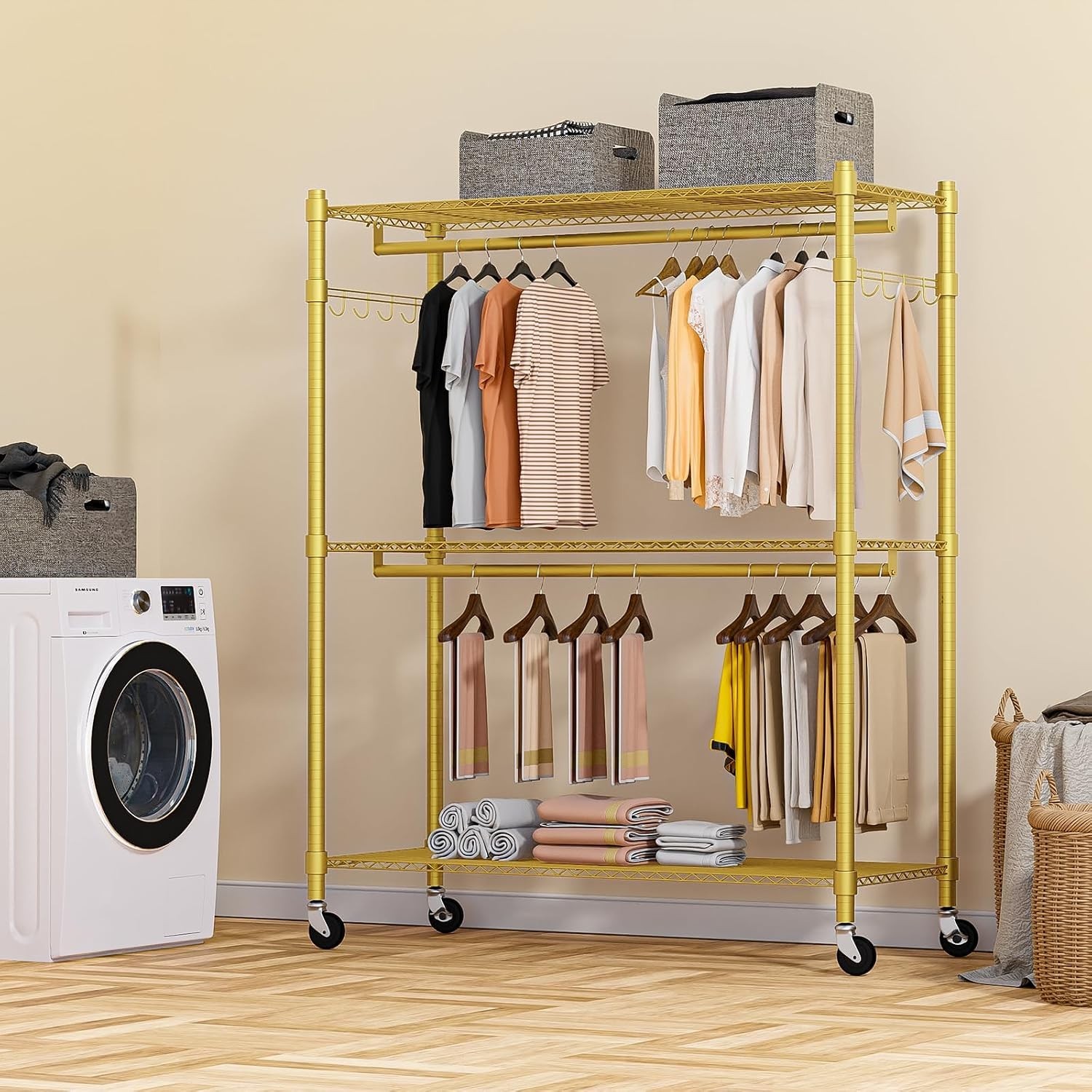 Gold Heavy Duty Clothes Rack with Wheels, 3-Tier Rolling Metal Garment Organi…