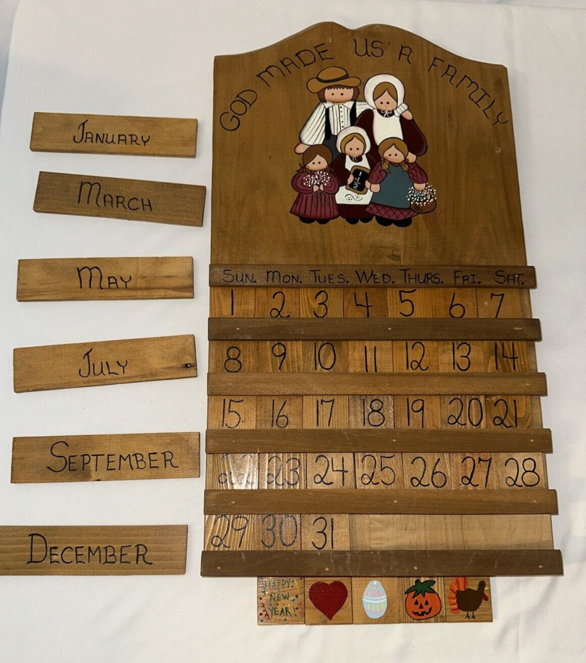 Vintage Hand painted Wood Calendar 12 months Faith Family Amish Country Decor