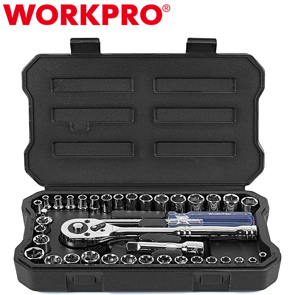 WORKPRO 39PCS Drive Socket Set 1/4″ 3/8″ Socket Wrench Set Metric SAE With Case
