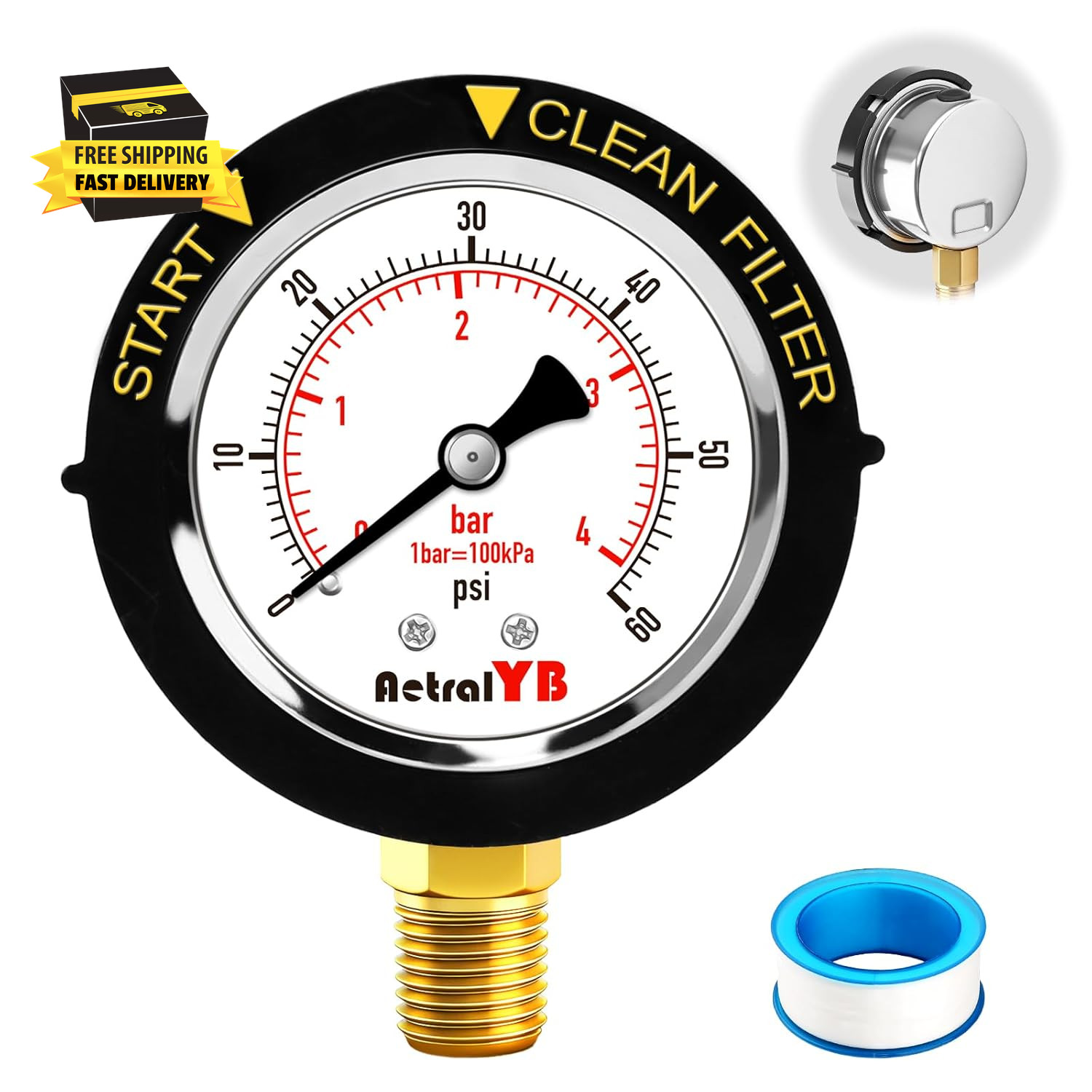 Pool Filter Pressure Gauge, 304 Stainless Steel, IP67 Waterproof, 0-60 Psi/Bar,