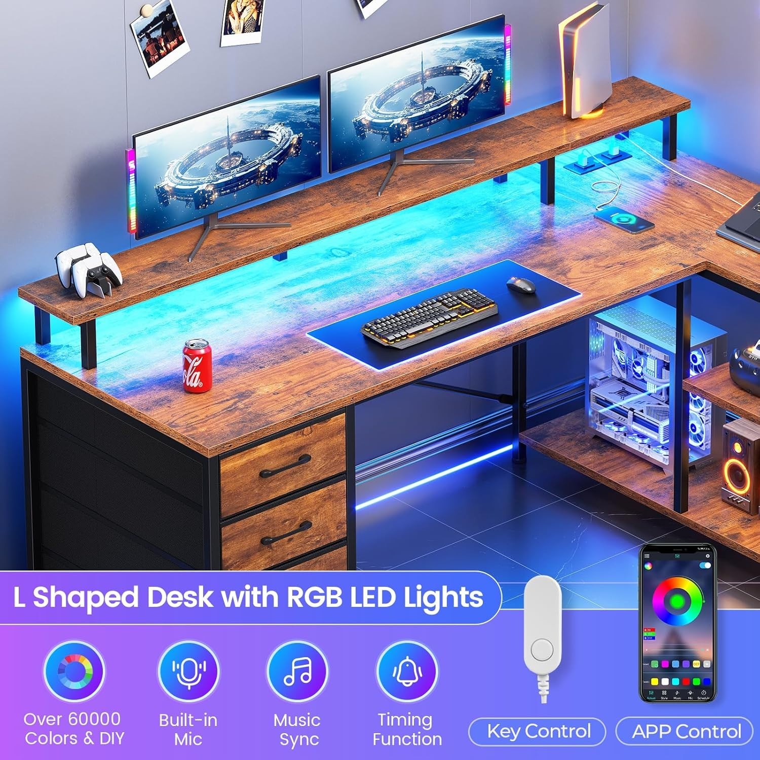 L Shaped Desk with 4 Drawers &Storage Shelves, Corner Computer Desk w/LED Lights