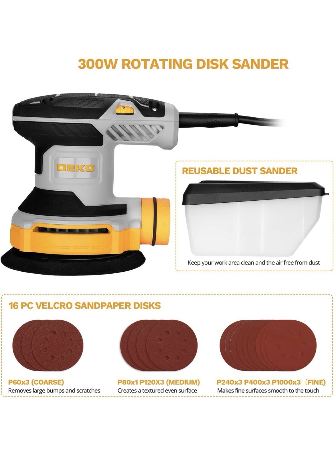 Orbital Sander Corded Hand Sander: 5″ Random Orbital Sander with Dust Box, 6 Va