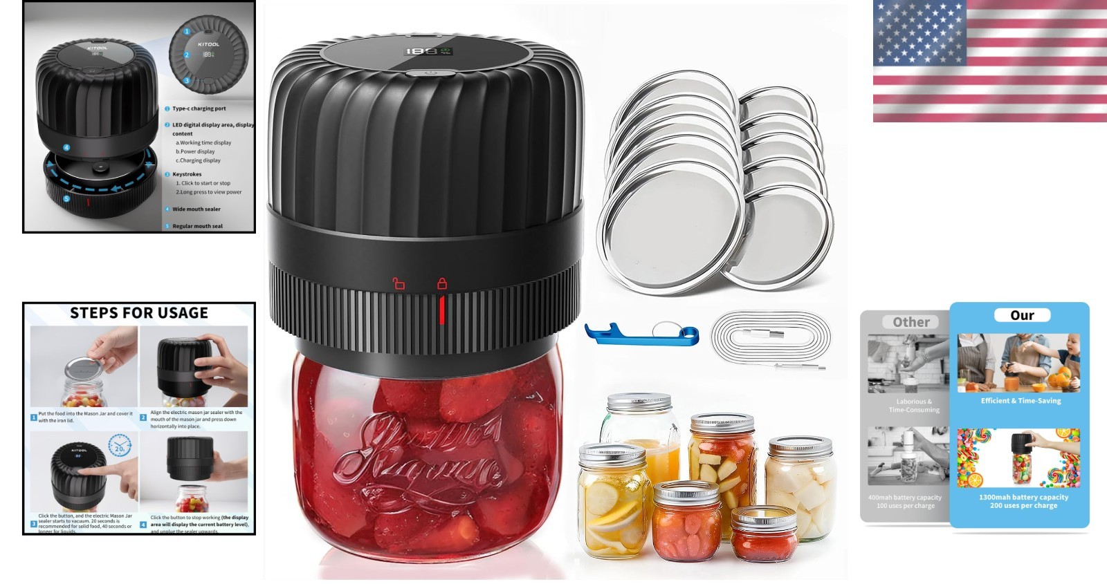 Vacuum Sealer for Mason Jars 1300mAh 200 Uses Battery-Powered Food Saver Kit