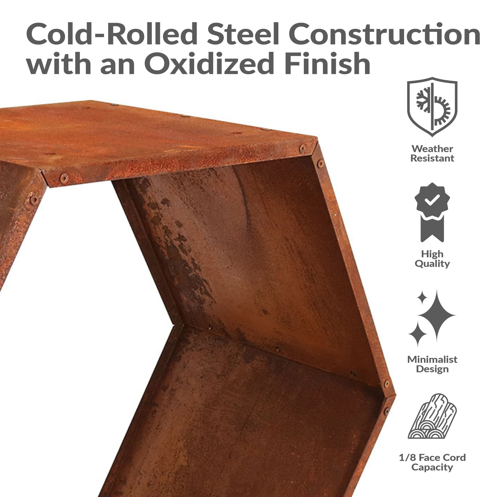 30 in Hexagon Rustic Honeycomb Firewood Log Rack – Rust by Sunnydaze