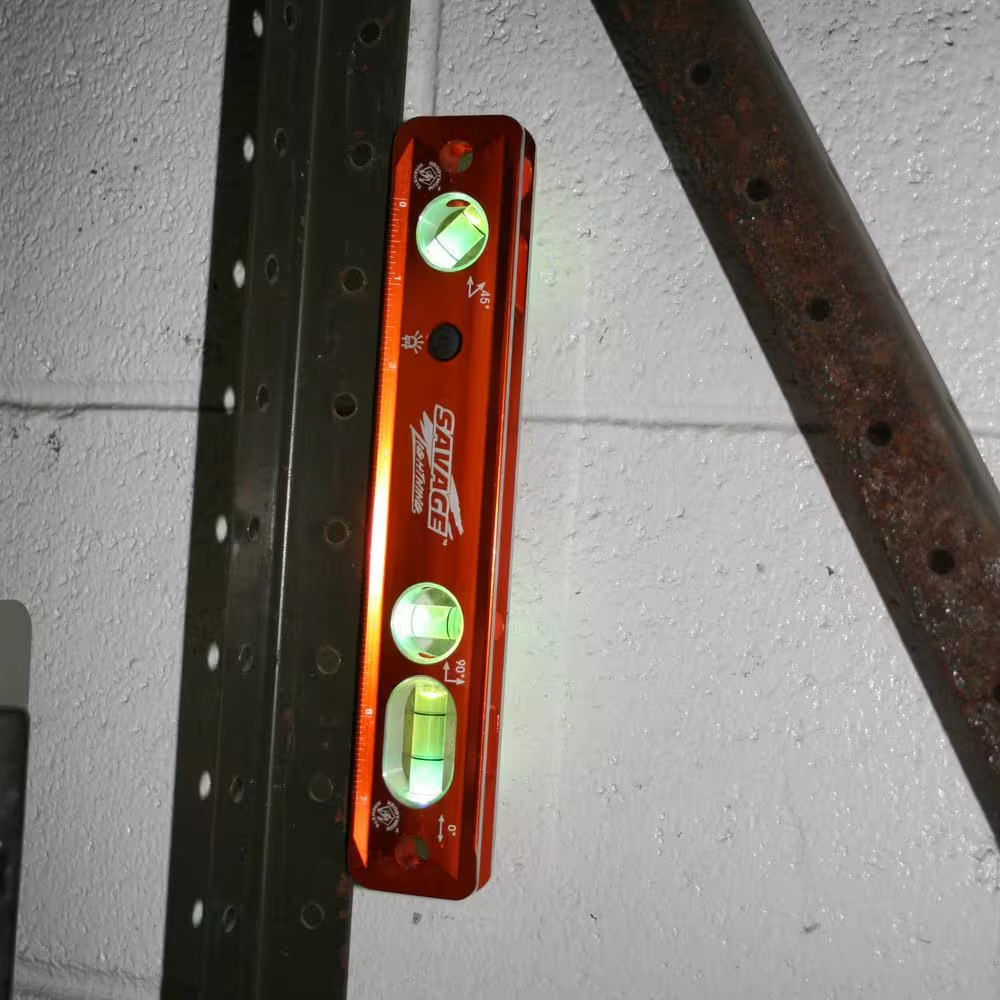 9 In. Aluminum Lighted Magnetic Torpedo Level with 3 Bubble Vials, Etched Ruler