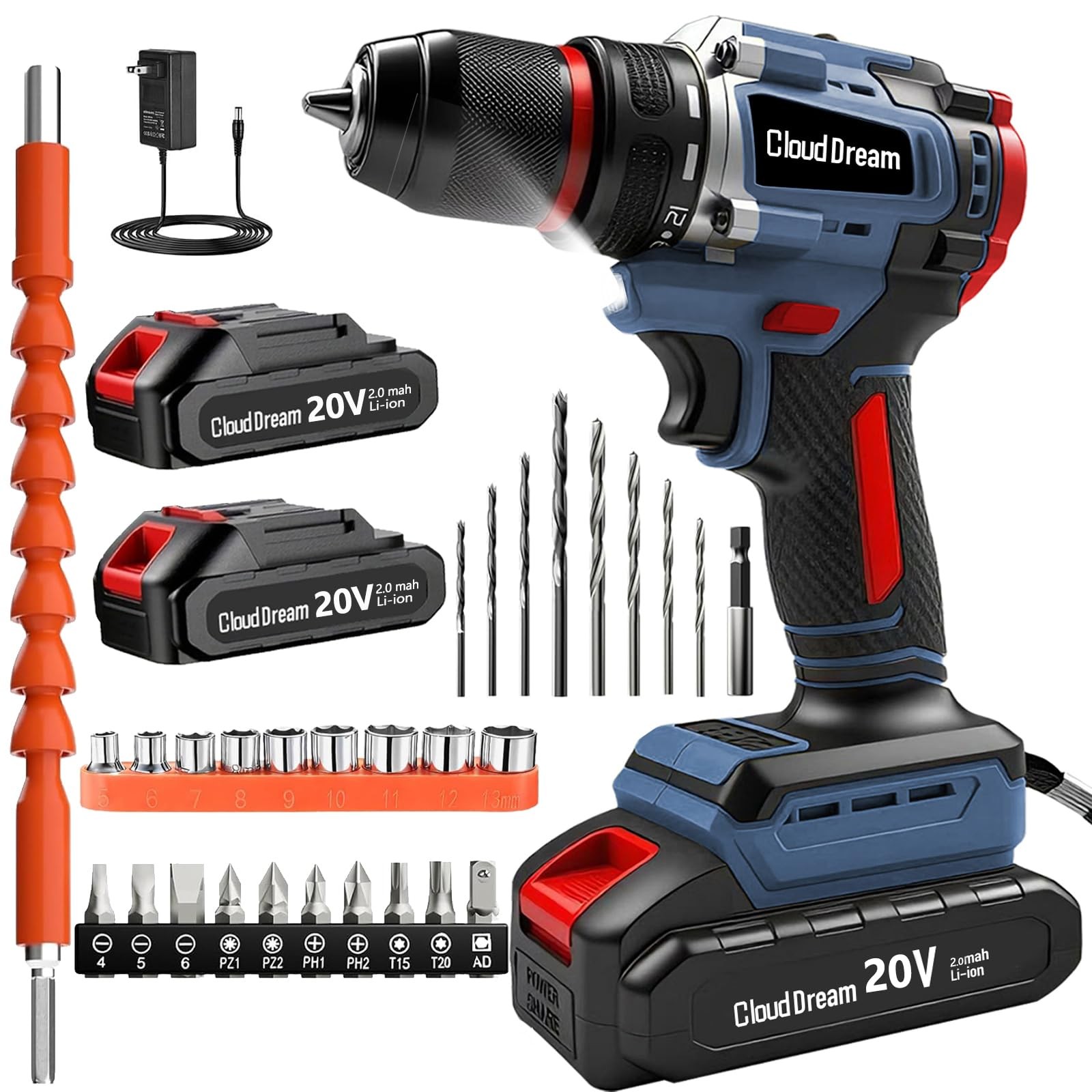 Cordless Drill Set,Electric Power Drill with 2 Battery,60N.m,21+1 Torque,2 Varia