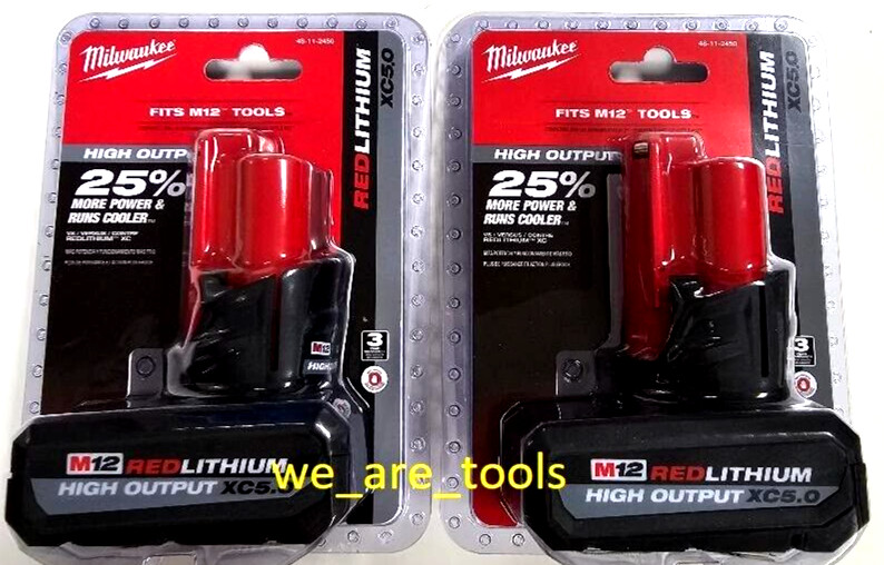 (2) NEW IN PACKAGE Milwaukee M12 48-11-2450 5.0 AH Batteries High Output 12 Volt