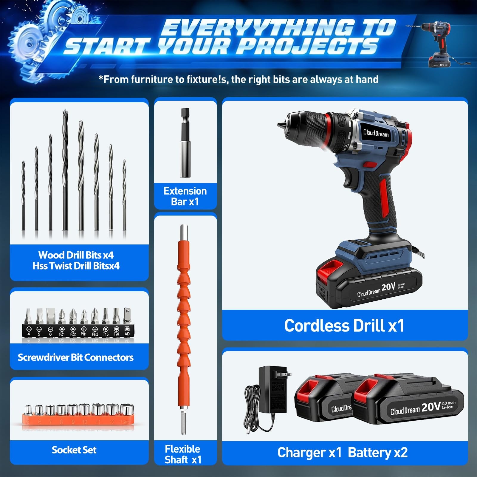 Cordless Drill Set,Electric Power Drill with 2 Battery,60N.m,21+1 Torque,2 Varia