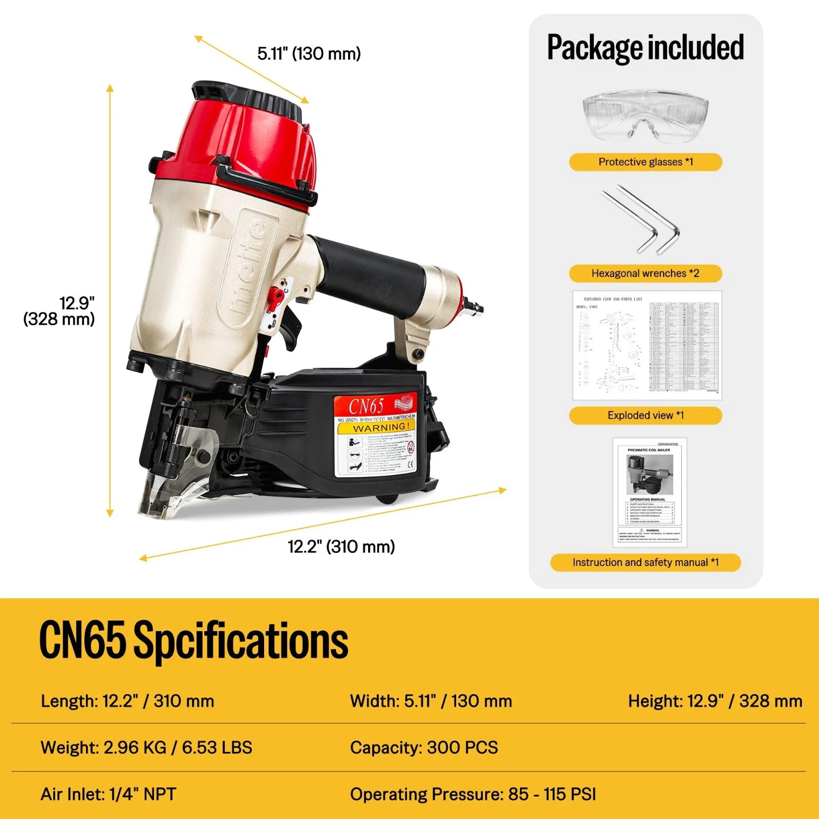 meite CN65 Penumatic Industrial Coil Siding Nailer 15 Degree 1-1/2″ to 2-1/2″