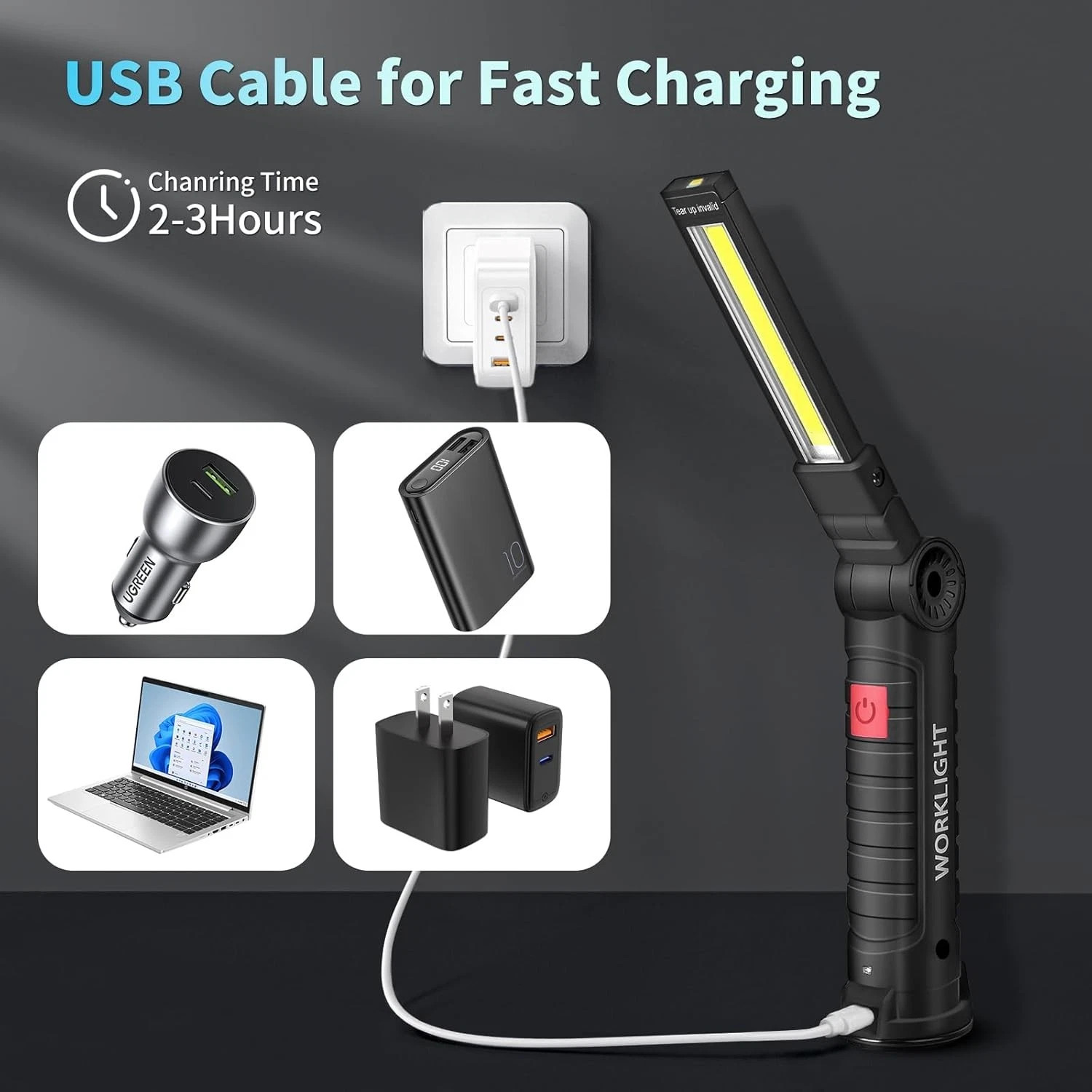 2PCS Work Light Rechargeable LED Magnetic COB Inspection Torch, Type-C Cordless