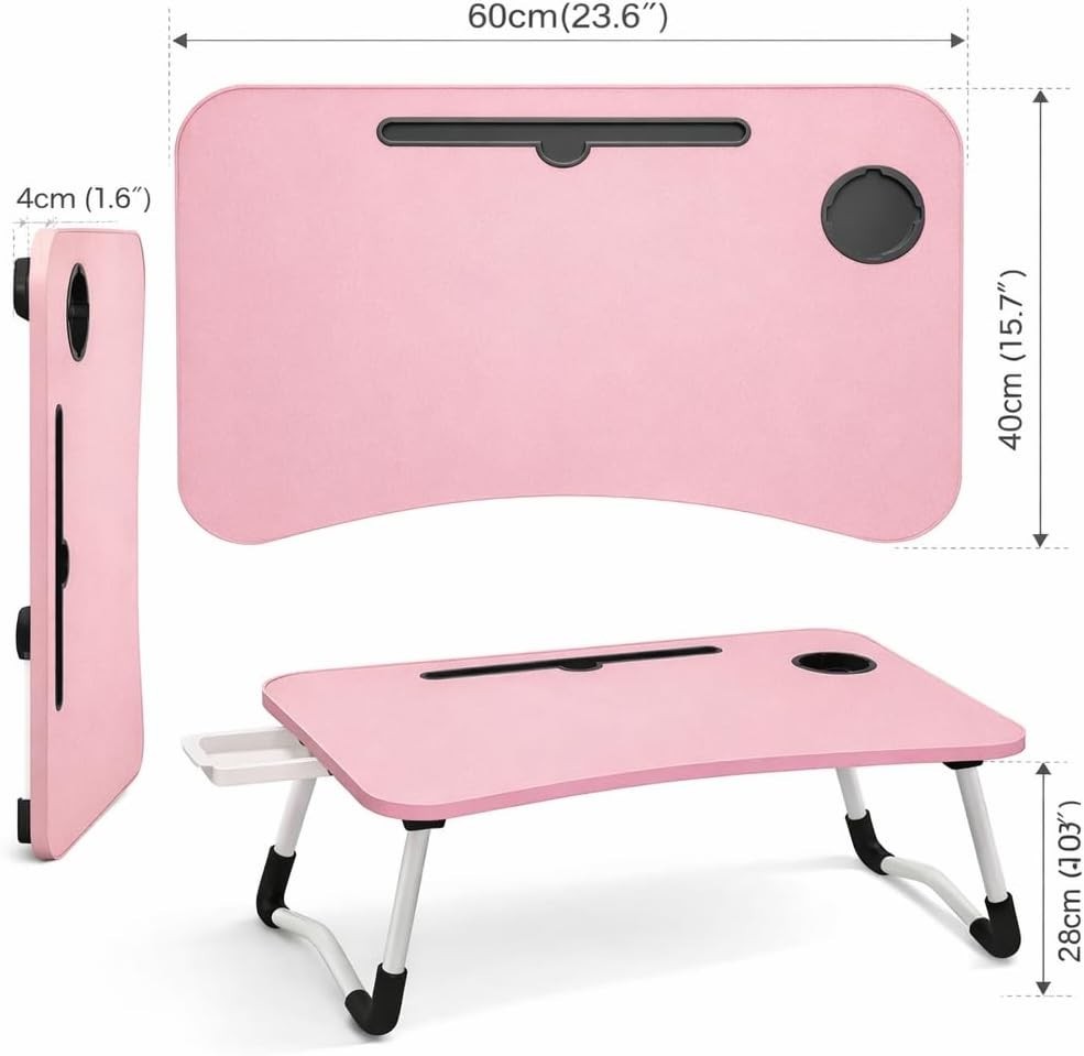 Foldable Laptop Table With Drawer – MDF Wood Desk With Cup Holder, Tablet Slot
