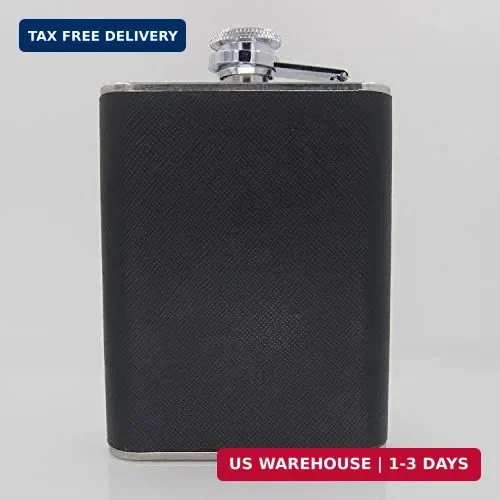 6oz/180ml Black Leather Wrapped Hip Flask with Built-in Cigarette Case & Funnel