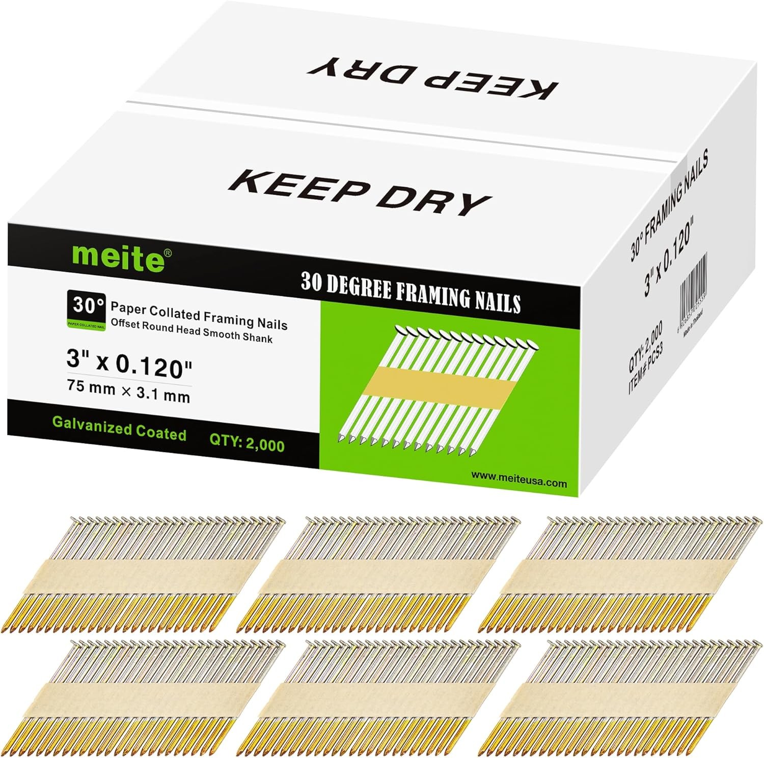 meite Framing Nails 30-Degree Offset Round Head Smooth Shank Galv. Framing Nails